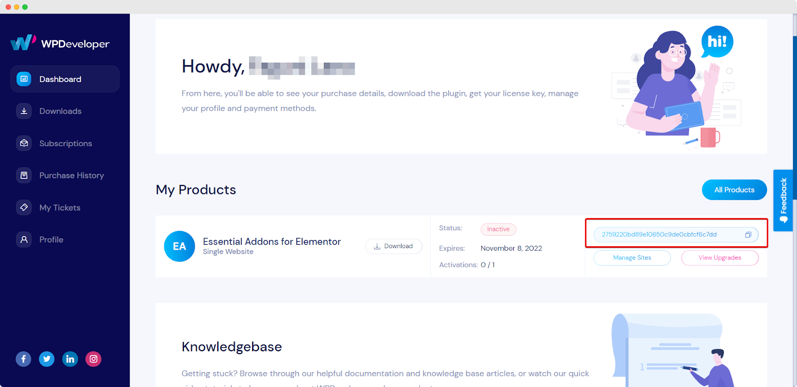 Easy access to your license key wpdeveloper