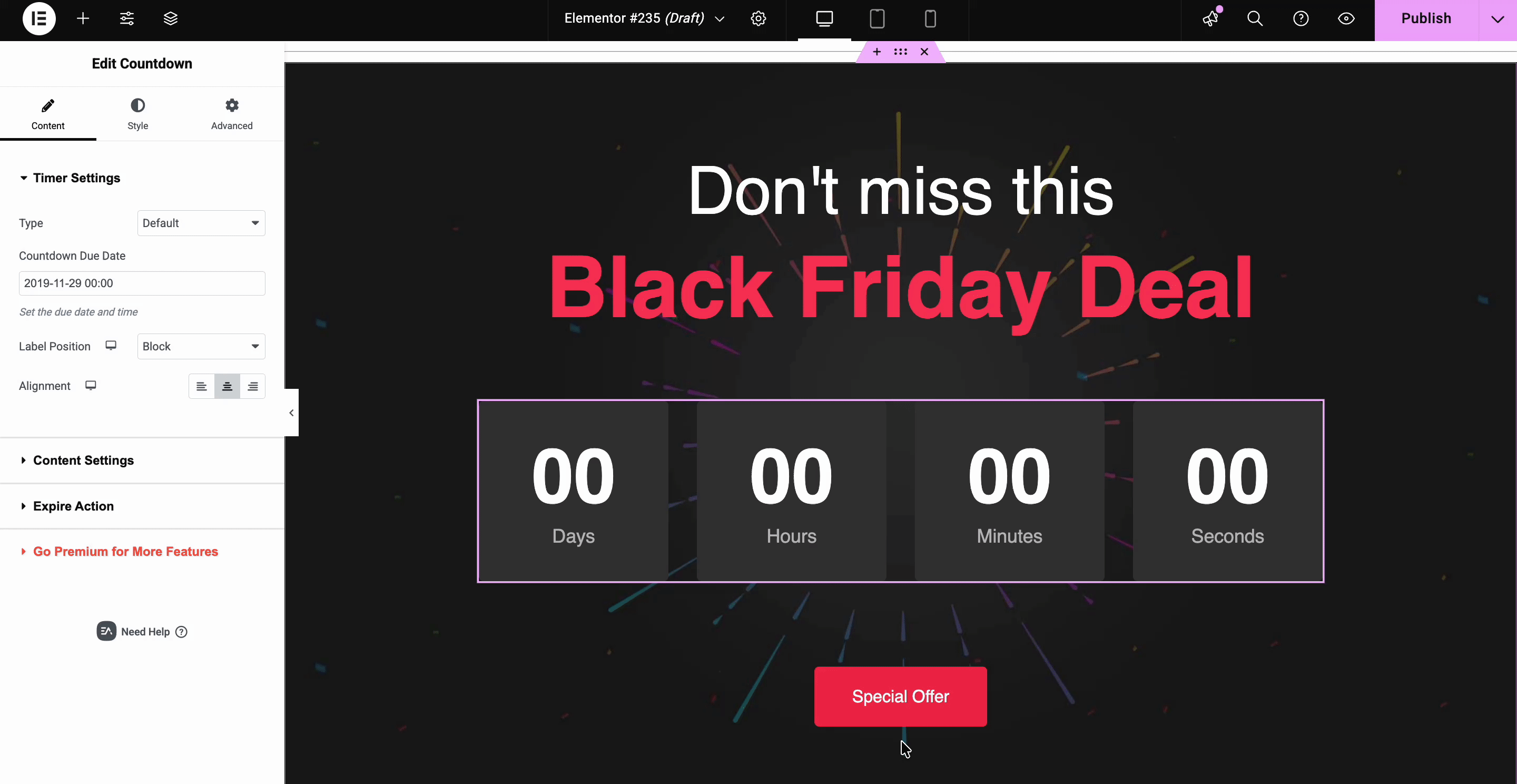 Elementor black friday deal template customization