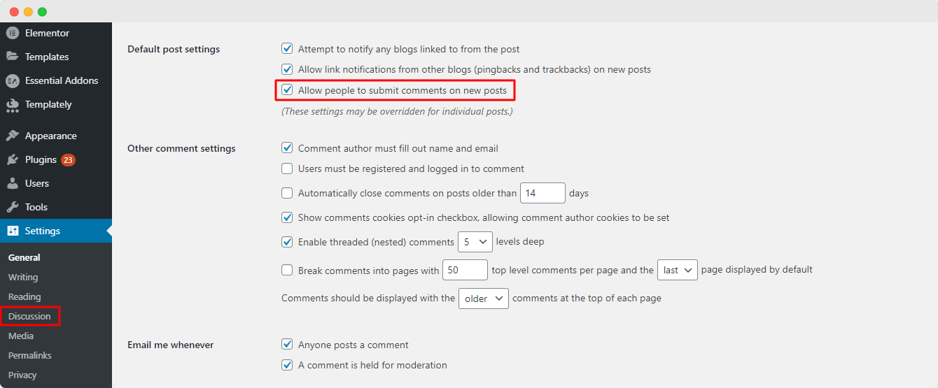 WordPress Posts have comments allowed or not
