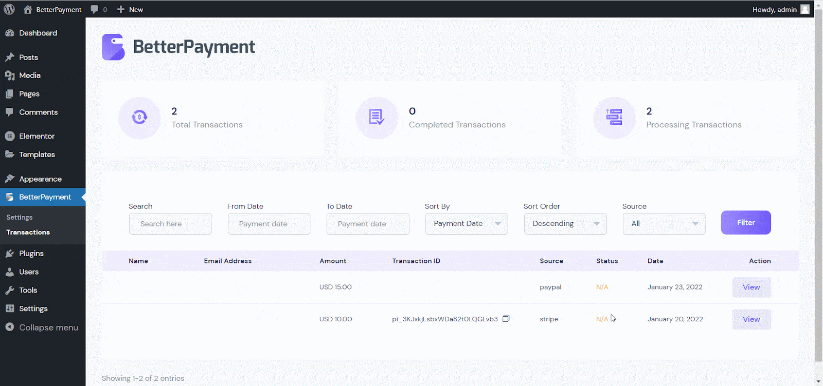 check transaction details in Better Payment
