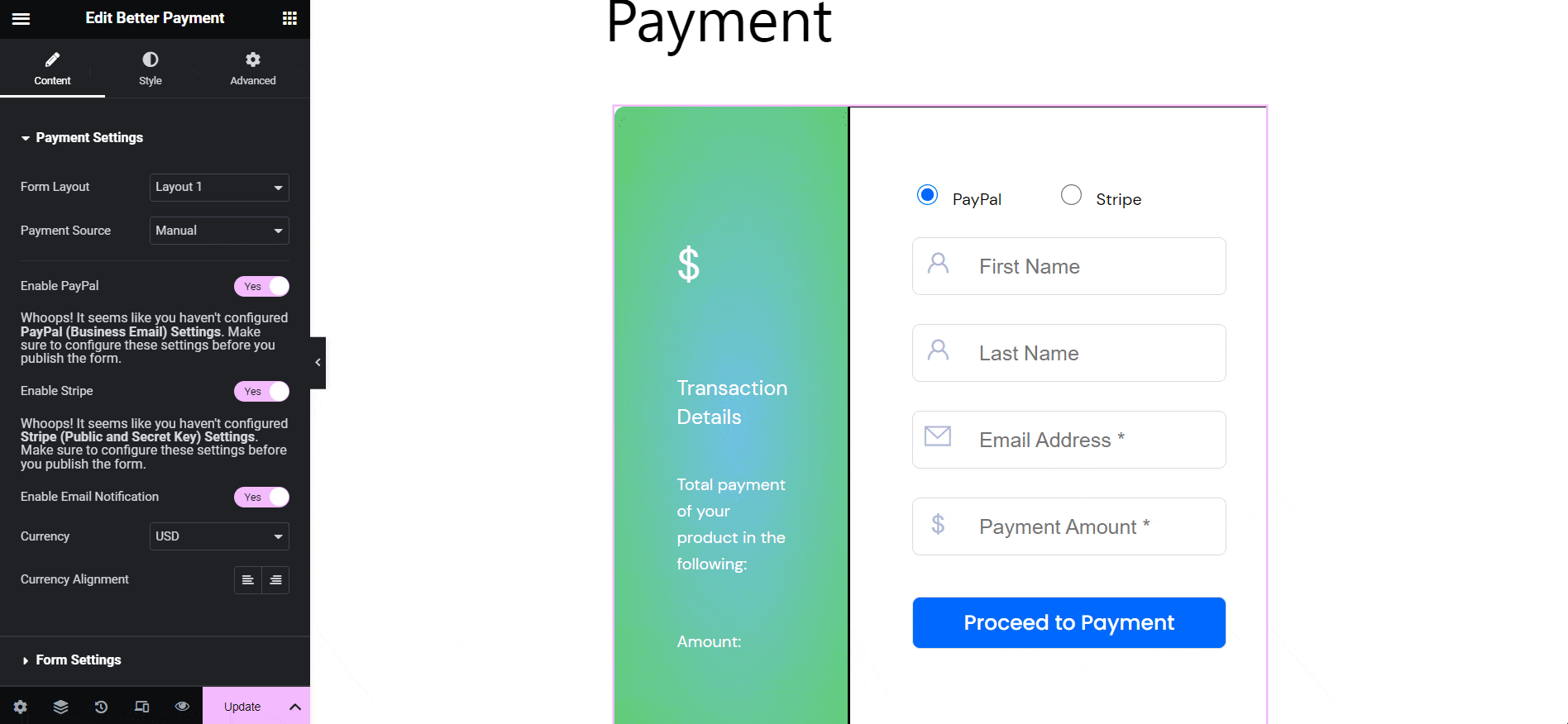 Style Payment Form In Elementor