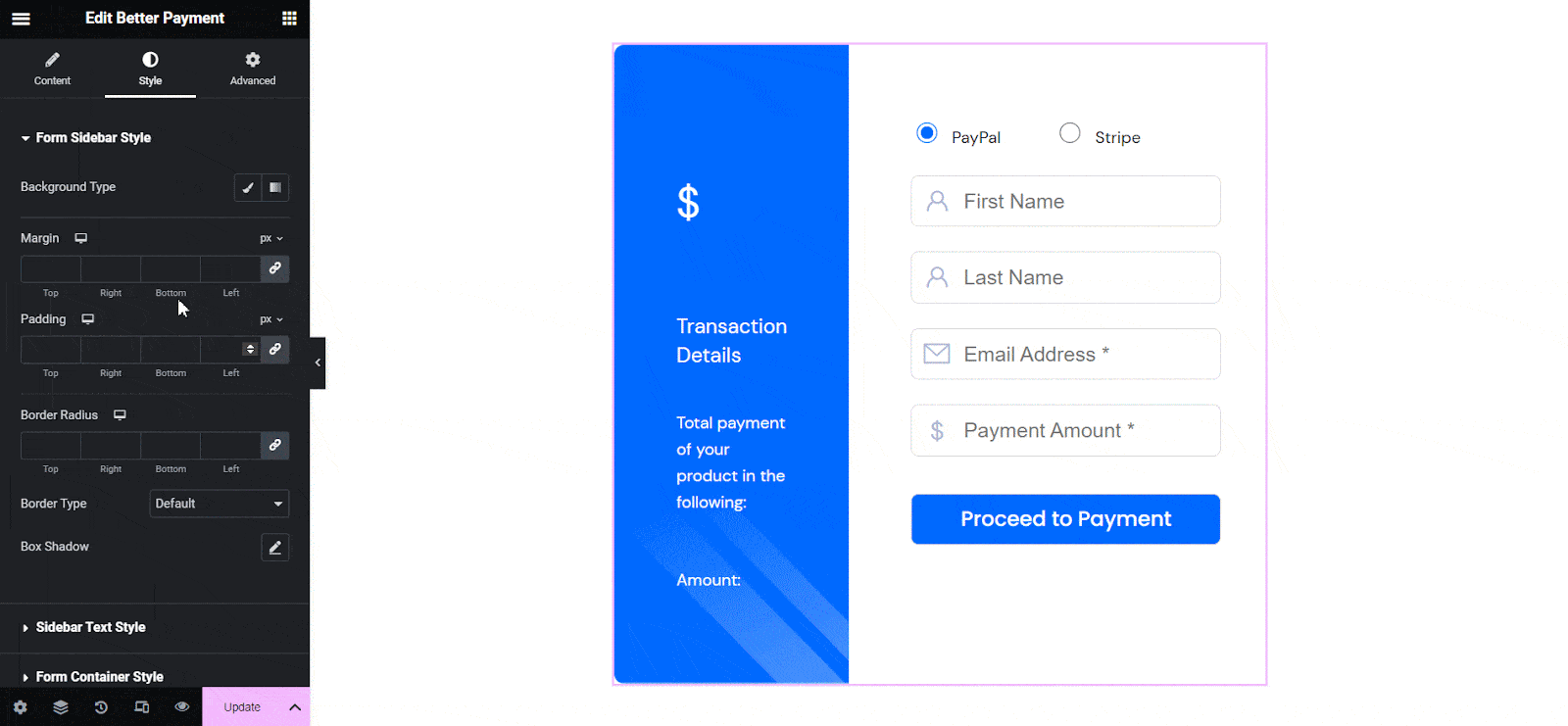 Style Payment Form In Elementor