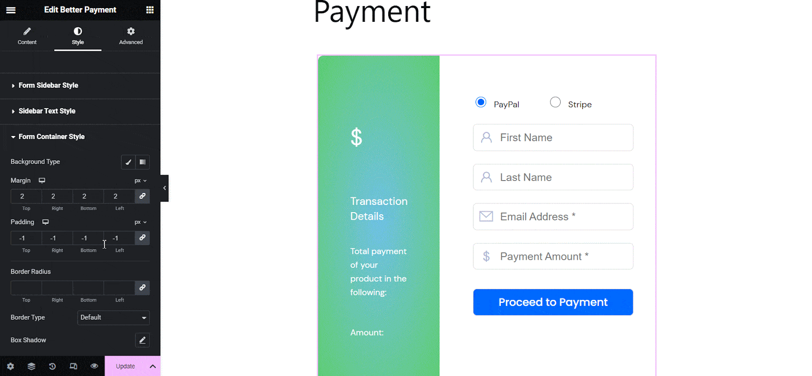 Style Payment Form In Elementor