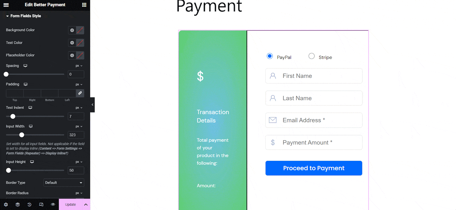 Style Payment Form In Elementor