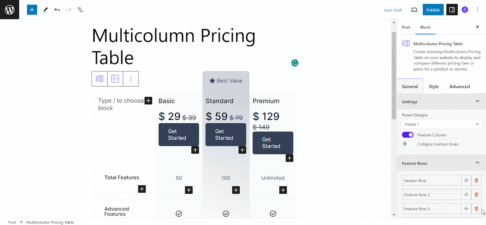 Pricing Table With Multiple Columns