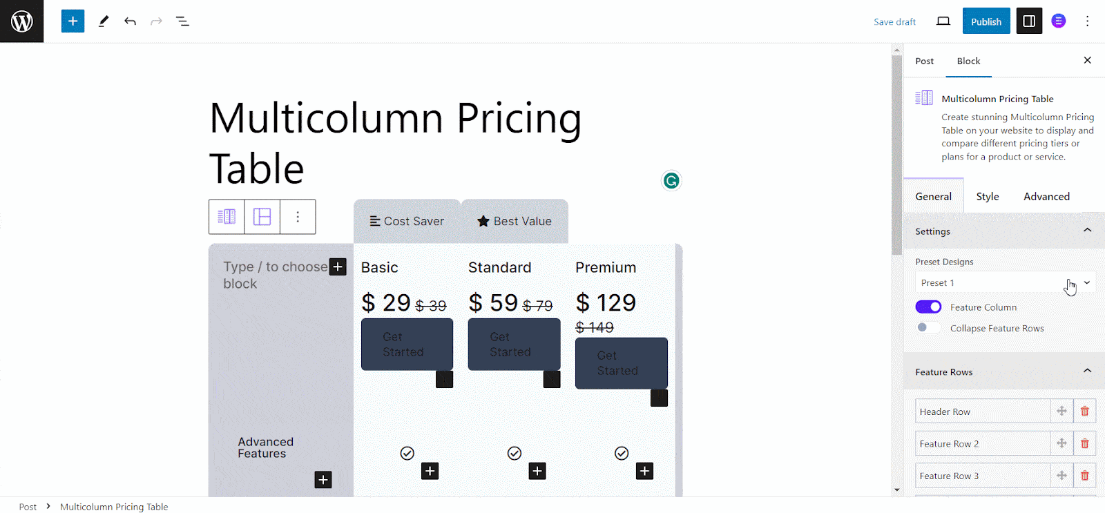 Pricing Table With Multiple Columns
