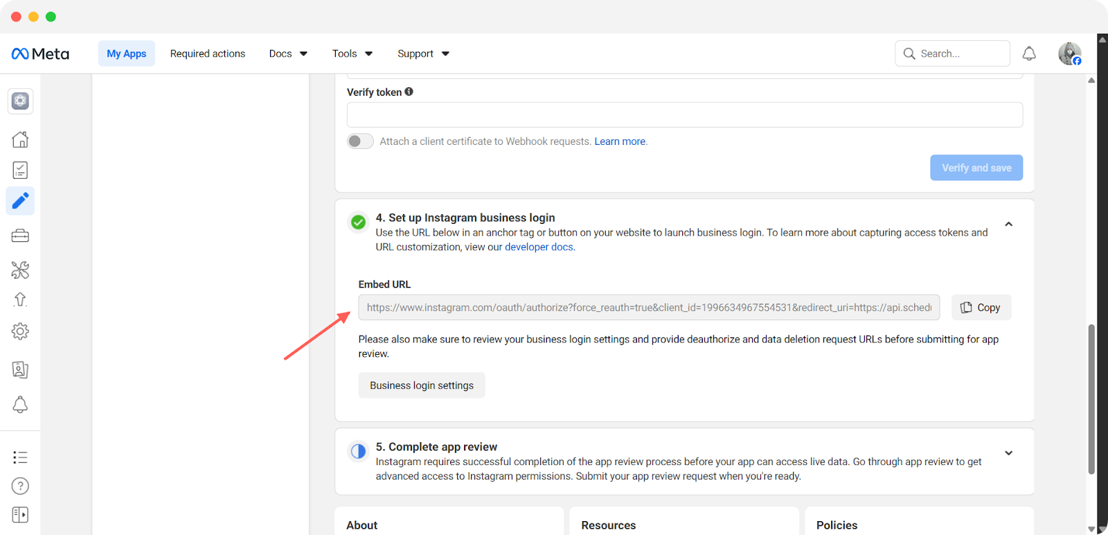 paste the URL in the ‘Set up Instagram business login’ field.