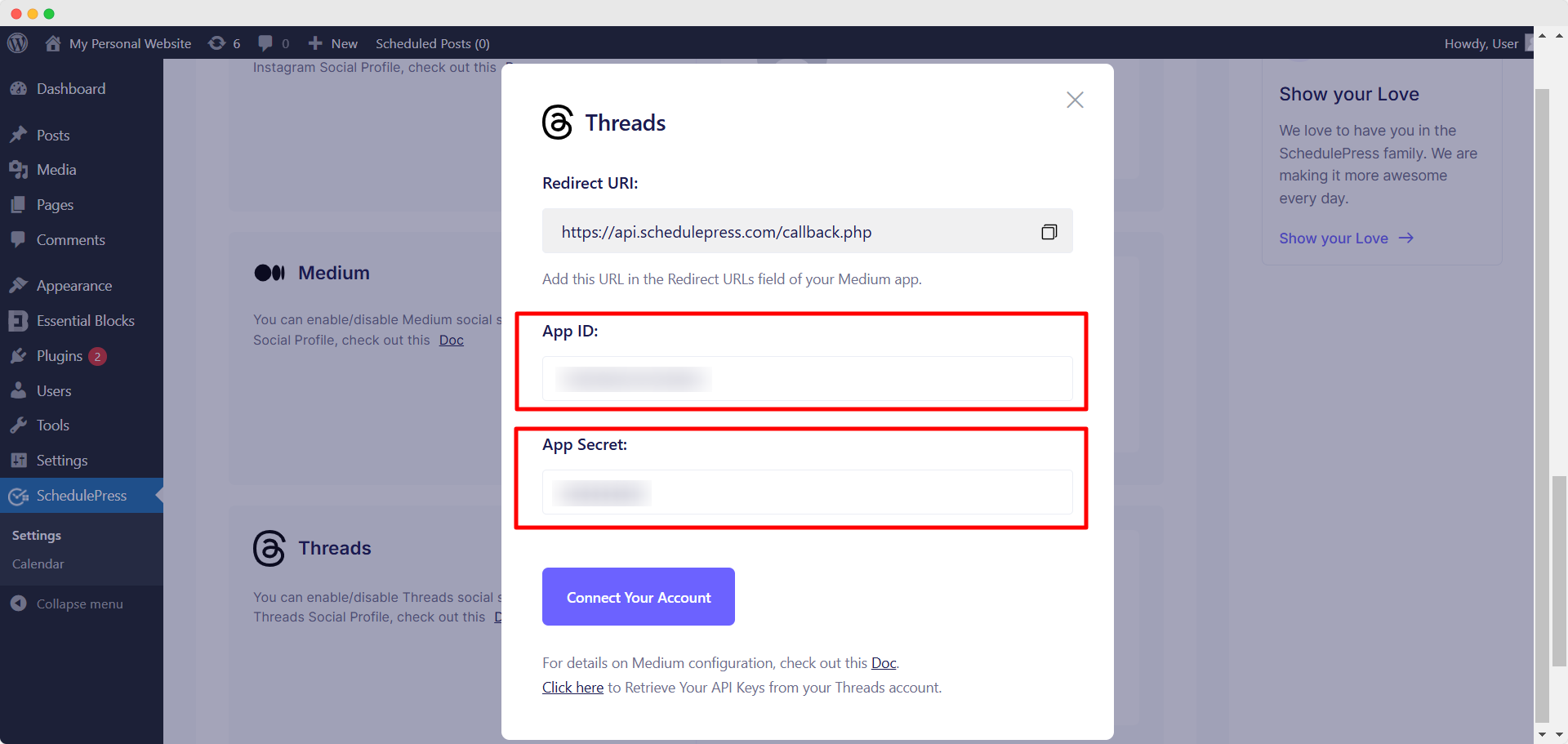 Step 5: Insert API Keys into SchedulePress Dashboard 1