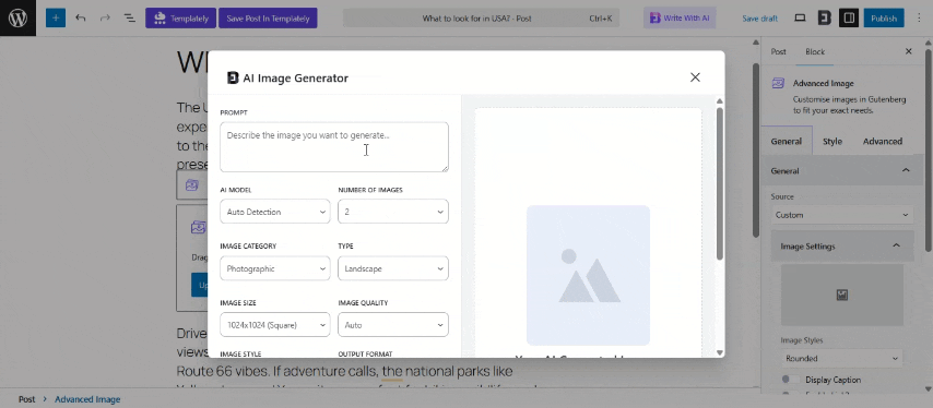 Step-by-Step Guide to Create And Edit Image with AI in Gutenberg Editor - WPDeveloper AI Image Prompt