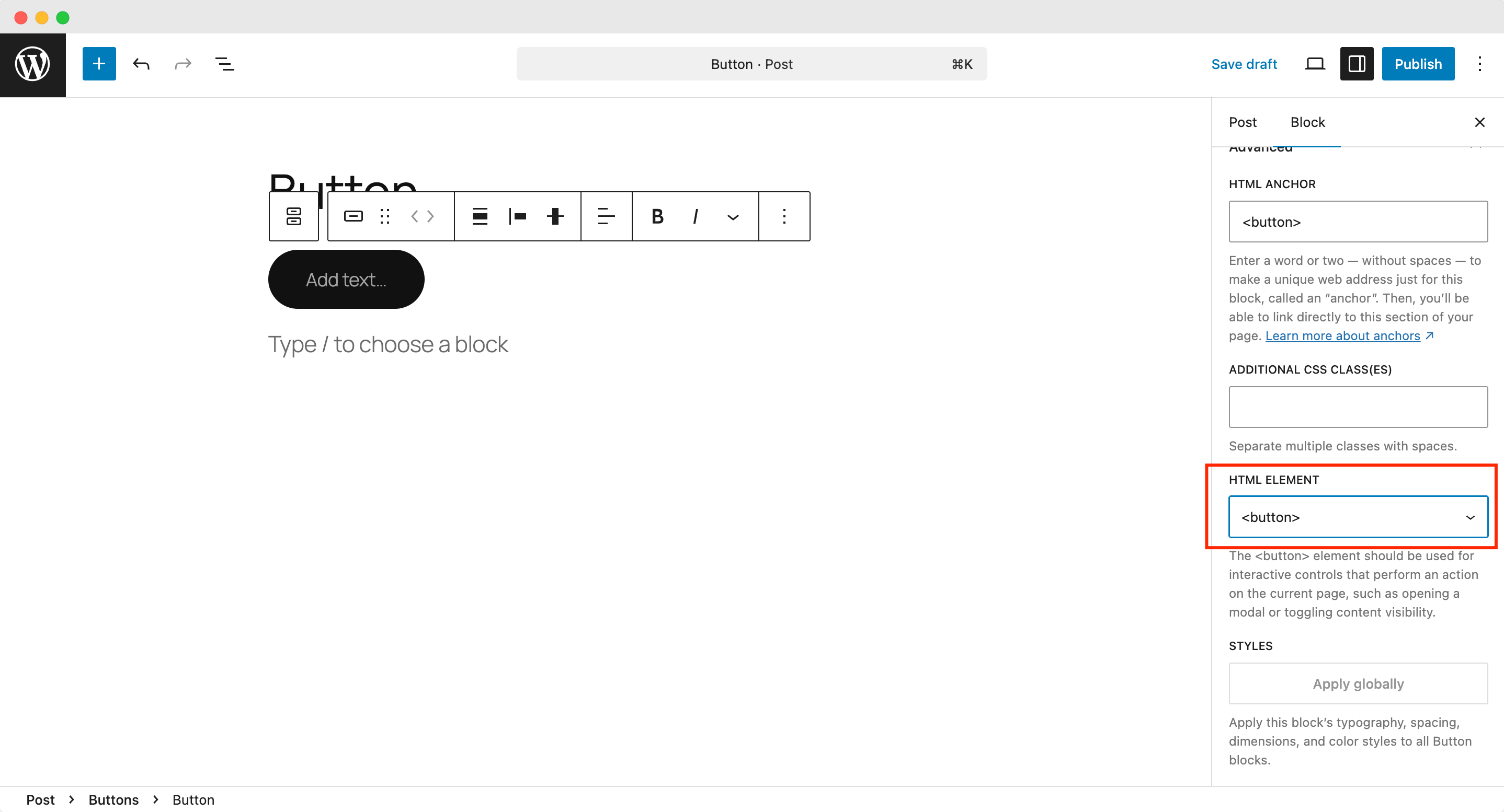 HTML element in button in WordPress 6.9