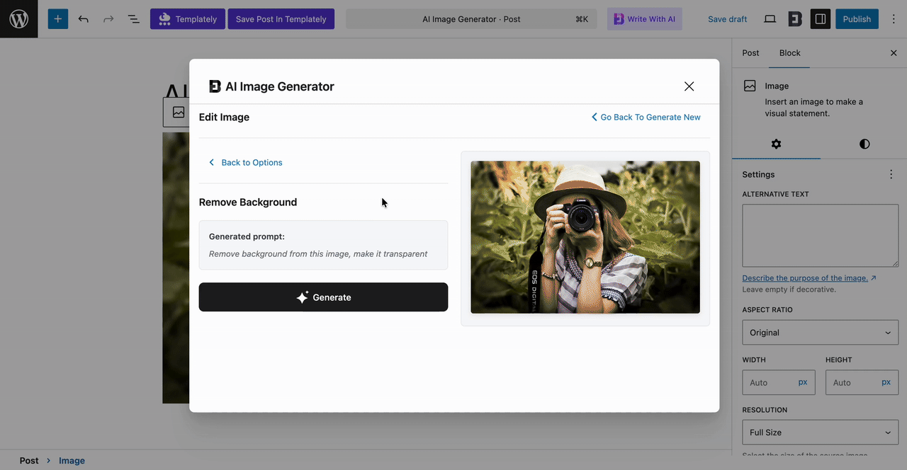 Step-by-Step Guide to Create And Edit Image with AI in Gutenberg Editor - WPDeveloper Remove Background with AI