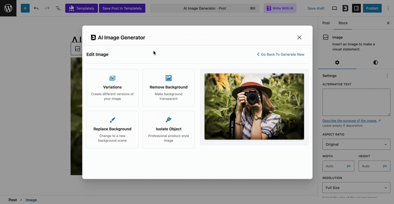 Step-by-Step Guide to Create And Edit Image with AI in Gutenberg Editor - WPDeveloper Edit Image with variation