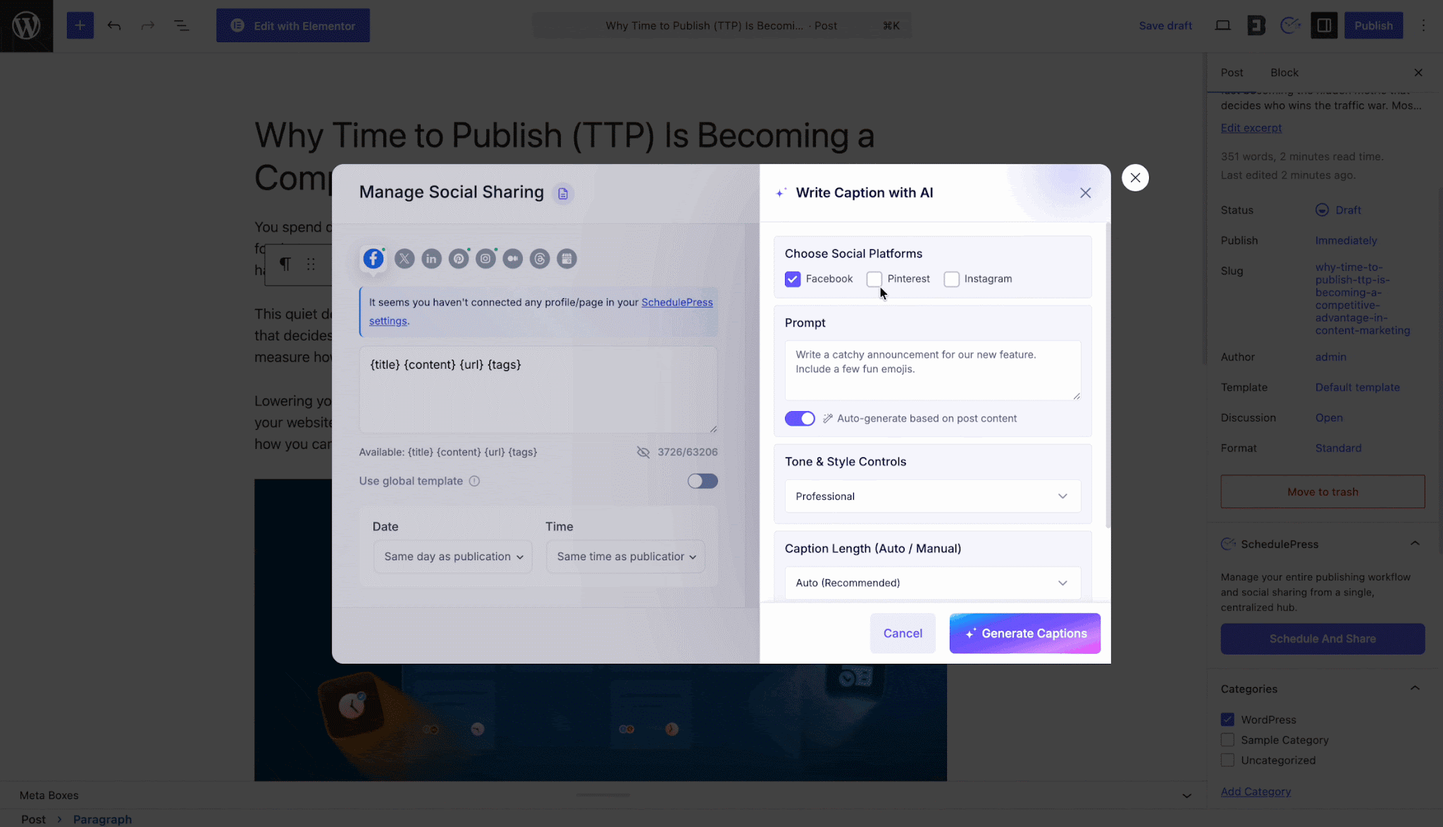 How to Write Social Media Captions with AI in SchedulePress - WPDeveloper social media captions with AI