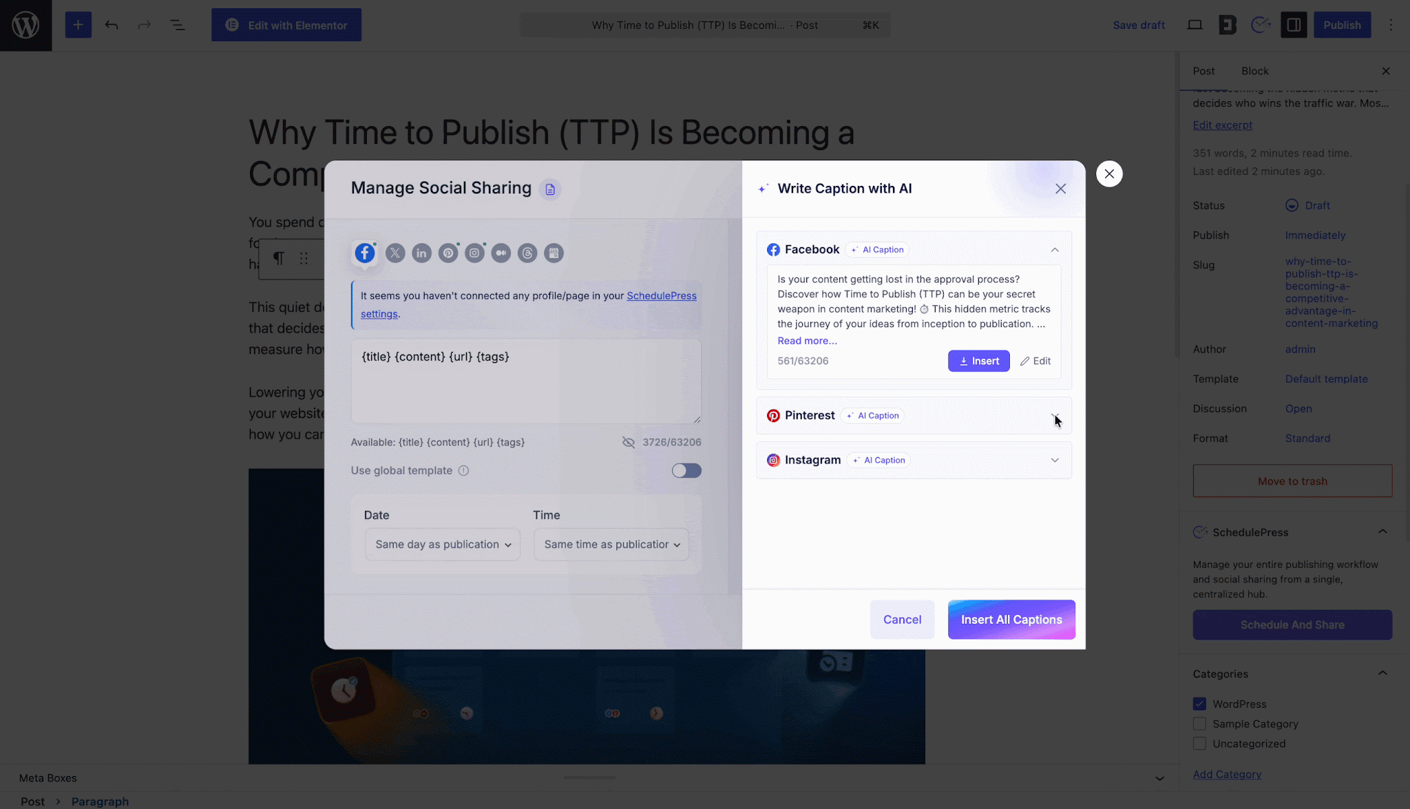 How to Write Social Media Captions with AI in SchedulePress - WPDeveloper social media captions with AI