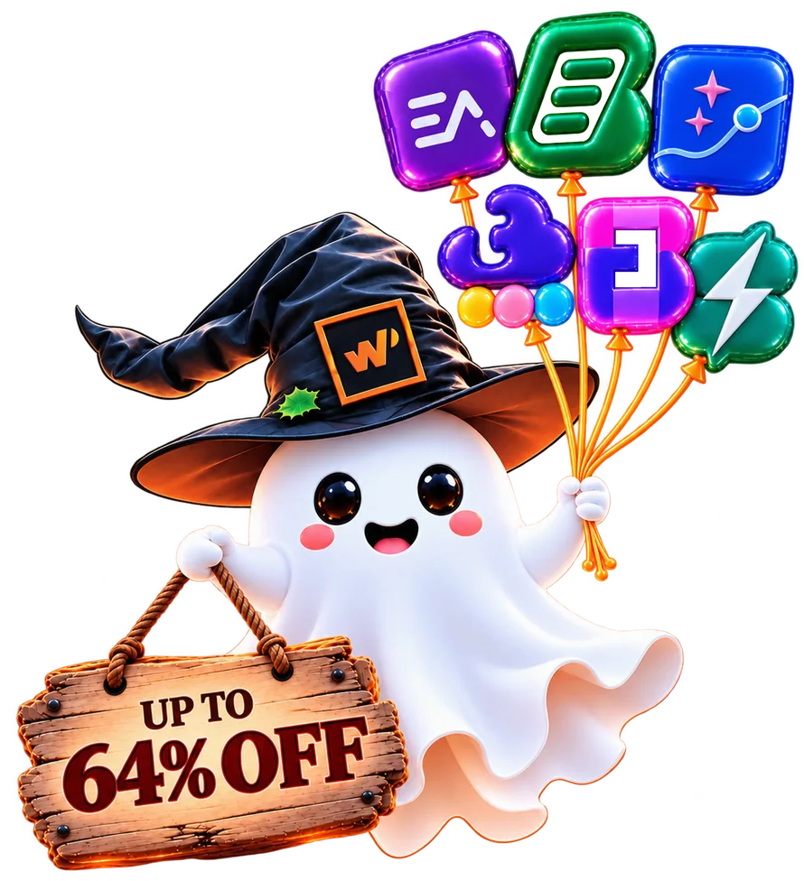 Halloween Deal - WPDeveloper A ghost in a witch hat holding product balloons and an "Up to 64% off" sign